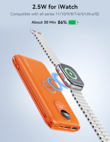 Portable Charger 10000mAh 20W, Wall Plug, 2 Cables, iWatch Charging - color: Vitality Orange
