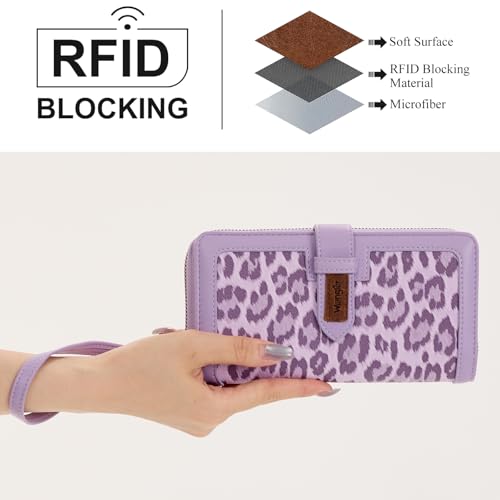 X Wrangler Women's Wallets Bifold Wristlet Wallets for Women Large Capacity Credit Card Wallet with ID Window - color: Leopard Purple