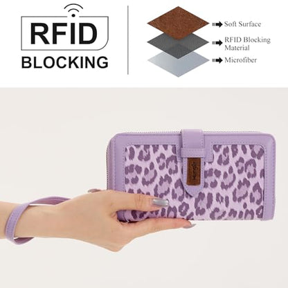 X Wrangler Women's Wallets Bifold Wristlet Wallets for Women Large Capacity Credit Card Wallet with ID Window - color: Leopard Purple