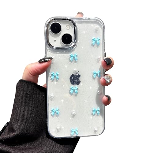 EYZUTAK Case for iPhone 11, Bling Glitter 3D Bowknot Phone Case Cute Sparkly Crystal Clear Bow Aesthetic Design Cover Slim Soft Durable TPU Transparent Protective Cover for Women Girl-Blue Bow - color: Blue Bow, size: iPhone 11
