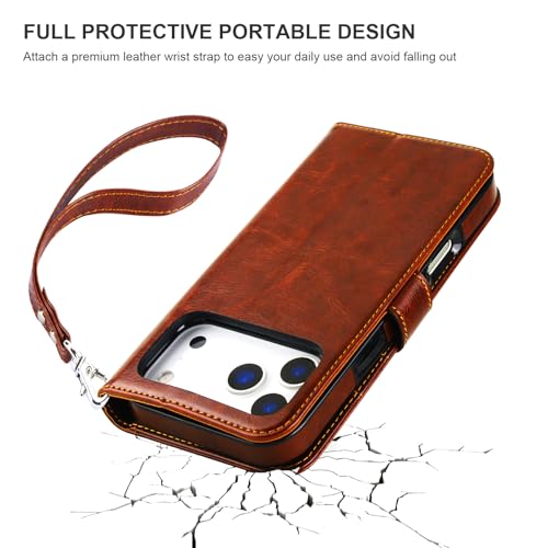 Bocasal Detachable Wallet Case Card Holder for iPhone 17 Pro Max Brown | RFID Blocking Kickstand Card Slots Holder PU Leather Magnetic Shockproof Wrist Strap Removable Flip Protective Cover 6.9 inch - color: Brown