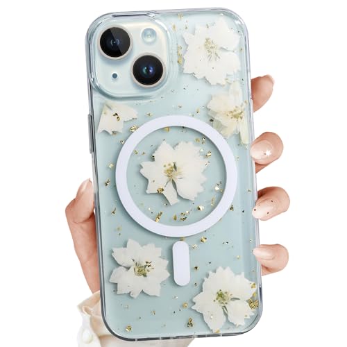 Clear Case for iPhone 14 Compatible with MagSafe, Magnetic Flower Phone Case with Pressed Real Flowers Design, Glitter Cute Floral Pattern Slim Soft TPU Protective Women Girl's Phone Cover for iPhone - color: White, size: iPhone 14