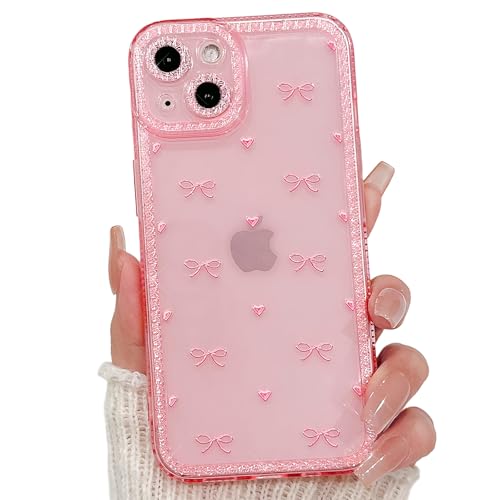 NITITOP Compatible with iPhone 13 Case Cute Clear Pink Glitter Bow Knot Design Shiny Star Sparkle Bling Diamond Girls Women Soft TPU Shockproof Protective Phone Cover - Little Bow Heart - color: Little Bow Heart, size: iPhone 13