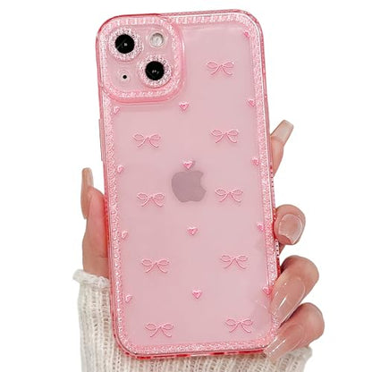 NITITOP Compatible with iPhone 13 Case Cute Clear Pink Glitter Bow Knot Design Shiny Star Sparkle Bling Diamond Girls Women Soft TPU Shockproof Protective Phone Cover - Little Bow Heart - color: Little Bow Heart, size: iPhone 13