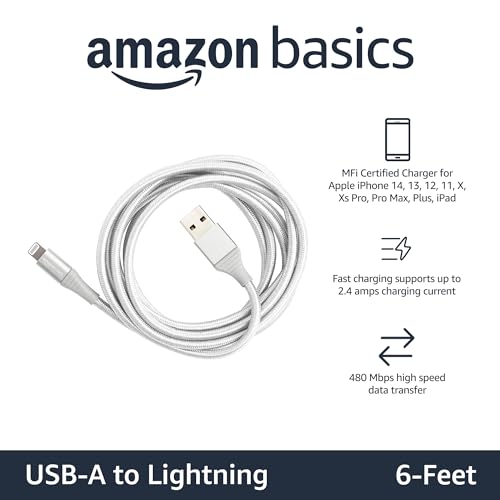 Amazon Basics USB-A to Lightning Cable, MFi Certified Charger for Apple iPhone iPad, Nylon Braided Cord, 10,000 Bend Lifespan, High Speed Transfer, 6 Foot, Silver