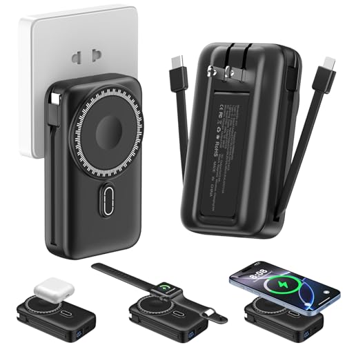 Magnetic Portable Charger 10000mAh for iPhone with Built-in Cables and Wall Plug,Wireless Power Bank with iWatch Charger,LCD Display 22.5W Fast Charging Battery Pack for iPhone 17/16/15/14/13 (Black) - color: Black
