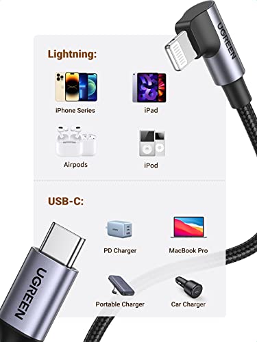 UGREEN MFi Certification Lightning Cable - 90 Degree USB C to Lightning Cable 3FT Compatible with iPhone 14/14 Pro/14 Pro Max, iPhone 13/12/11/X/XR/XS/8 Series, iPad, AirPods Pro (Pack of 2) - size: 3FT (Pack of 2)