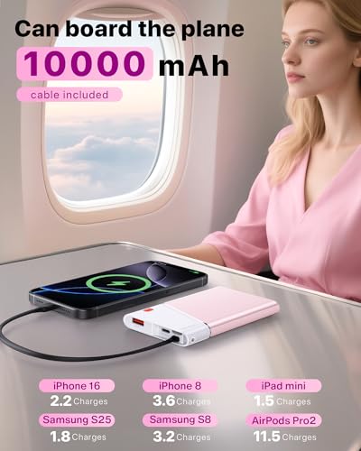 Aaoyun Portable Charger Power Bank, 10000mAh 22.5W PD Fast Charging Powerbank with Built-in USB C Cable, Slim External Phone Battery Pack for iPhone 17/16/15 Samsung S24 Android etc (Pink) - color: Pink