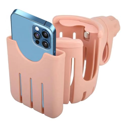 2 in 1 Universal Cup Holder with Phone Mount Tool-Free Clamp On for Stroller Walker Wheelchair Bike Scooter 360 Degree Rotatable Pink - color: Pink