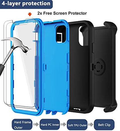 for iPhone 12 Case, iPhone 12 Pro Case with Belt Clip Holster, 2X Screen Protector, Heavy Duty Military Grade Full Body Shockproof Rugged Protective Cover for iPhone 12/12 Pro (Black Blue) - color: Black Blue