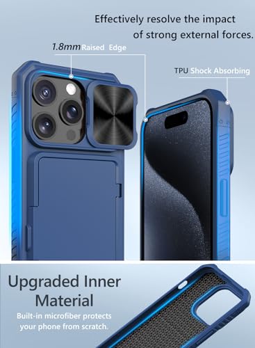 Vihibii for iPhone 15 Pro Case Wallet with Card Holder (4 Cards), Blue | Slide Camera Cover, Kickstand, Military Grade Drop Protection, Rugged Hard Back, Silicone Edge Wallet Phone Case, 2023, Blue - color: Blue, size: iPhone 15 Pro