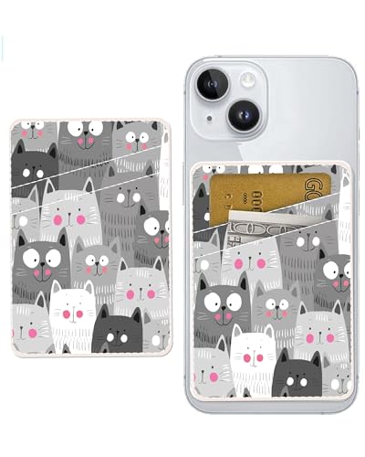Dual Pocket Leather Phone Wallet Adhesive Stick On, Cute Card Holder, Credit Card Holder for Phone Case, Grey Cute Cats - color: Grey Cute Cats