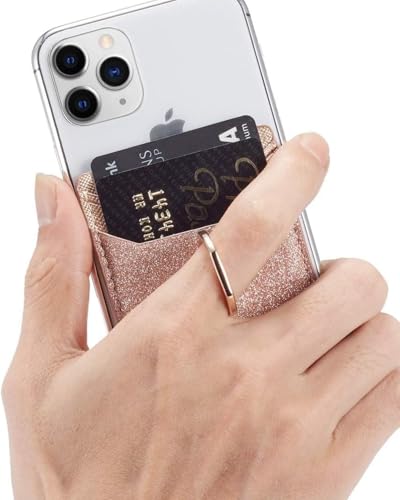 2Pcs RFID Phone Wallet Stick on Back of Phone Card Holder with Ring | Gold+Rosegold Glitter Sticky Phone Wallet for Credit Card/IDs/Pocket, Adhesive Phone Card Holder for iPhone, Videos - color: RoseGold Glittering