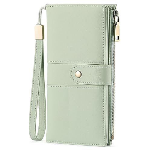 GAEKEAO Wallets for Women Leather RFID Blocking Large Capacity Card Case Ladies Wristlet Clutch Wallets Zipper Pocket with 4 ID Windows 20 Card Slots - color: Light Green
