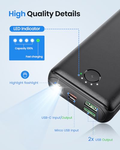 Portable Charger Power Bank 30000mAh USB C 22.5W Fast Charging Black