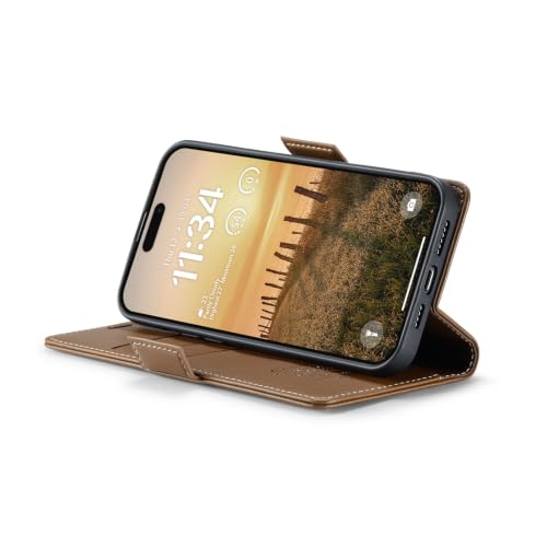 WJX for iPhone 14 Elegant Wallet Case, Premium Minimalist Business Matte Leather Protective Cover with Built-in Kickstand, Slim Shockproof Full Protection, Brown - color: Brown, size: iPhone 14