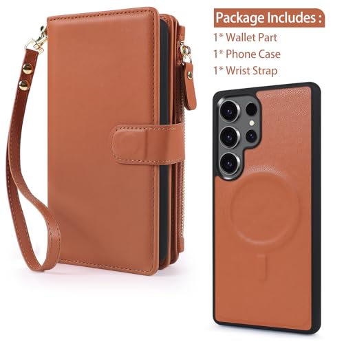 Magnetic Case for Galaxy S25 Ultra Wallet Compatible with Magsafe RFID Blocking Card Holder Detachable Phone Cover Kickstand Snap Strap Zipper Pocket PU Leather (Brown) - color: Brown, size: Galaxy S25 Ultra
