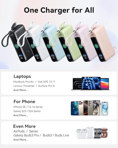 INIU 30W Fast Charging Portable Charger, with Built-in Cable & AC Wall Plug - color: Black