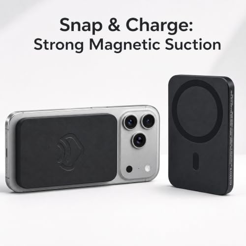 5000mAh Magnetic Power Bank for MagSafe iPhone, 20W USB-C, Black | 0.3in ultra-slim, 4oz aluminum shell, charges iPhone 16 to 55% in 30 min, wireless + wired, Type-C cable included