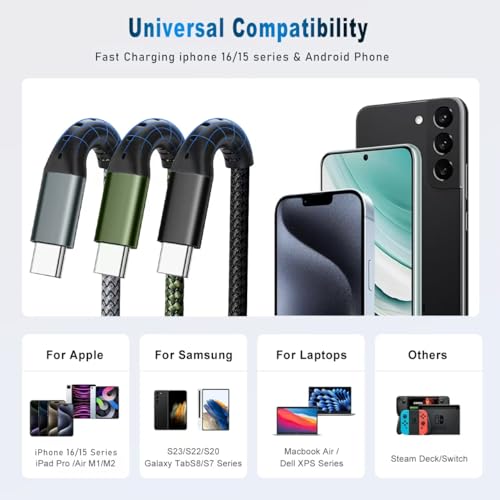 DFLASHS USB-C to USB-C 60W 3FT 3-Pack, Nylon Braided Fast Charging Cable - size: 3FT