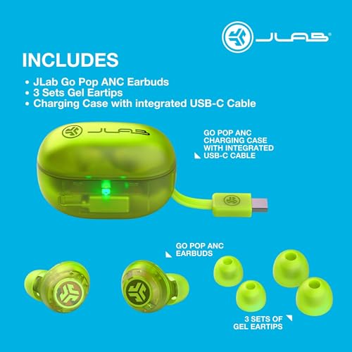 JLab Go Pop ANC True Wireless Earbuds with Dual Connect, Neon Green - color: Transparent Neon Green