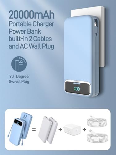 Nusyddy Portable Charger 20000mAh Fast Charging w/Built-in Wall Plug Blue - color: Azure
