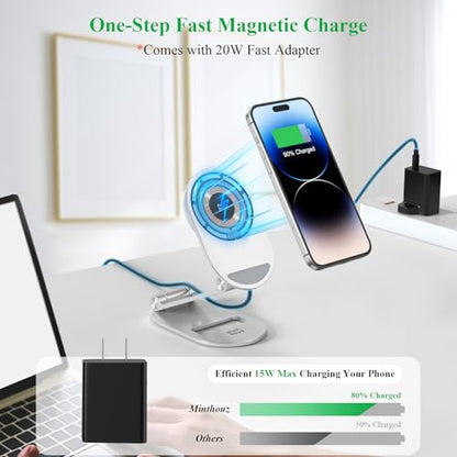 Magnetic Wireless Charger, Minthouz Foldable for Mag Safe Charging Stand, Adjustable Wireless Charging Station with 20W Adapter, for iPhone 16 15 14 13 12 Pro/Max/Plus, AirPods 3/Pro 2/Pro