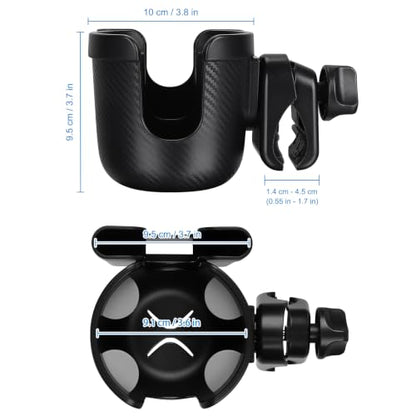Accmor Stroller Cup Holder with Phone Holder, Bike Cup Holder, Universal Cup Holder for Uppababy Nuna Strollers, 2-in-1 Drinks Holder for Walker, Wheelchair, Scooter - color: All Black Carbon Fiber Texture