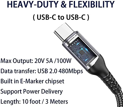 10FT USB-C to USB-C Cable 100W, 20V/5A Long Fast PD Charging Grey - color: Grey, size: 10FT