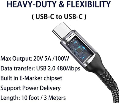 10FT USB-C to USB-C Cable 100W, 20V/5A Long Fast PD Charging Grey - color: Grey, size: 10FT