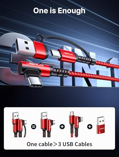 JSAUX 3-in-1 USB C Cable 2-Pack 10FT, 100W Right-Angle Fast Charging, Red - color: Red, size: 10FT
