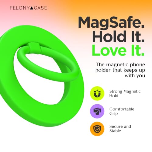 FELONY CASE - Neon Green Ring Grip and Stand - Version 2.0, Improved Stronger Magnet, Magnetic Phone Ring Holder for MagSafe Compatible iPhone 17,16, 15, 14, 13, 12, Pro Max, Air - Drop Protection - color: Neon Green