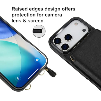 Bocasal Multi-Slot Crossbody Wallet Case for iPhone 17 Pro Max, Black | RFID Blocking PU Leather Purse Case with Card Holder, Handbag Flip Cover with Zipper Wrist Strap Lanyard for Women 6.9 Inch - color: Black