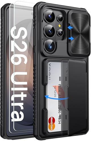 Vihibii for Samsung Galaxy S26 Ultra Case with 2X Screen Protector, Black | Card Holder (4 Cards), 9H Hardness, RFID Blocking, Slide Camera Cover, Military-Grade Drop Protection Wallet Case, Black - color: Black-SP