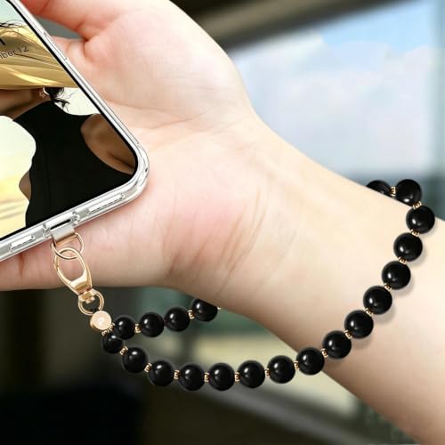 Food-Grade Silicone Phone Wrist Strap with Tether Tab/Clip, Sparkling Bead Phone Lanyard/Phone Charm - color: Black