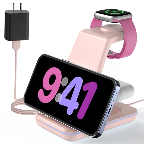 Charging Station for Apple Wireless Charger: 3 in 1 Phone Charger Stand for iPhone 17 16 15 14 13 12 11 SE X Pro Max Plus - Apple Watch Ultra 11 10 9 8 SE 7 6 5 4 3 - Air-Pods 2 3 Pro - color: Pink