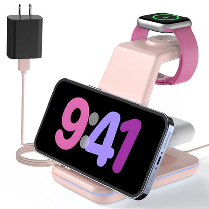 Charging Station for Apple Wireless Charger: 3 in 1 Phone Charger Stand for iPhone 17 16 15 14 13 12 11 SE X Pro Max Plus - Apple Watch Ultra 11 10 9 8 SE 7 6 5 4 3 - Air-Pods 2 3 Pro - color: Pink