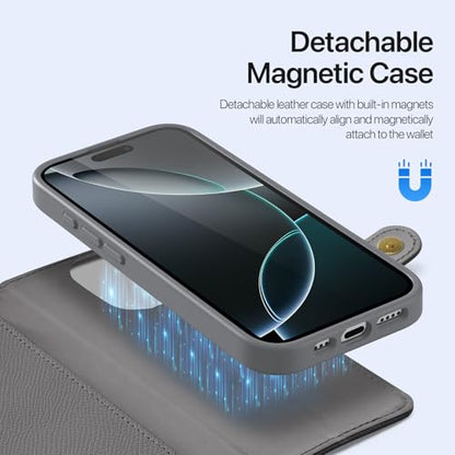 for iPhone 16 Pro Wallet Case, iPhone 16 Pro Case Wallet Gray | Compatible with Magsafe, RFID Blocking, Zipper Card Holder, PU Leather Flip Folio Case, Strap Wallet Case, Phone Kickstand - color: Gray, size: iPhone 16 Pro