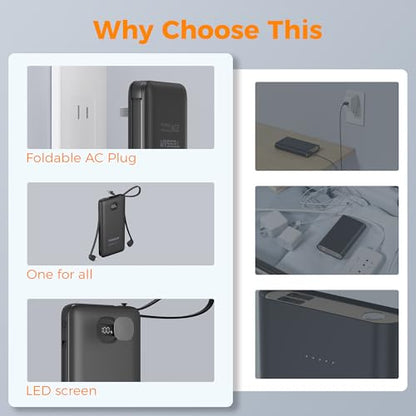 TESSAN Portable Charger with Built in Cables, 10000mAh Power Bank Wall Plug - color: Black