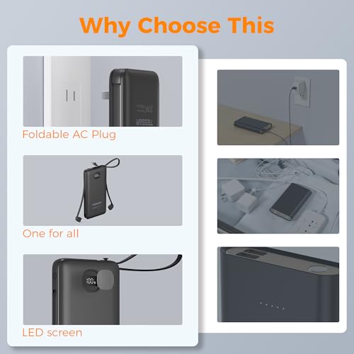 TESSAN Portable Charger with Built in Cables, 10000mAh Power Bank Wall Plug - color: Black