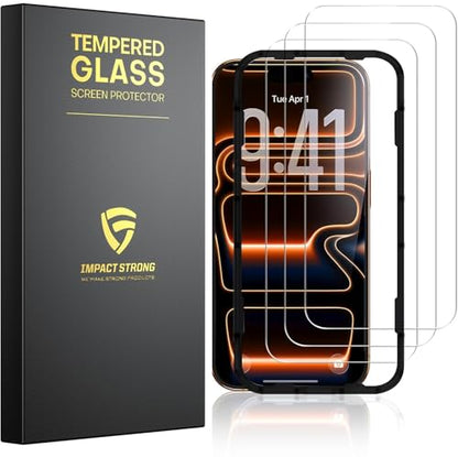 ImpactStrong 3-Pack Shatterproof Tempered Glass Screen Protector for iPhone 17 Pro Max [Easy Installation Frame] [Bubble Free] [9H Hardness] [Full Coverage] Case Friendly, 6.9 Inch - size: iPhone 17 Pro Max