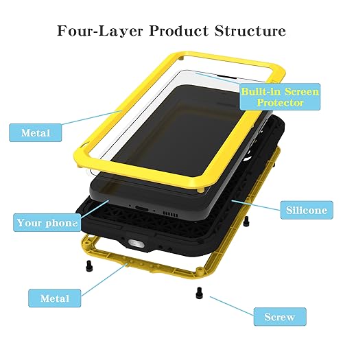 LOVE MEI Military Rugged Case for Samsung Galaxy S23 Fe, with Tempered Glass Screen Protector, Shockproof Dustproof Scratch Proof Hybrid Metal and Silicone Gel Heavy Duty Full Body Cover Yellow - color: Yellow