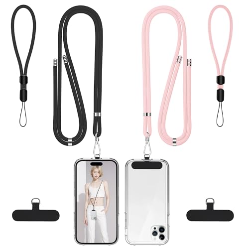 takyu Phone Lanyard, 2 Pack Adjustable Cell Phone Lanyard Crossbody Neck Strap & 2 Pack Phone Wrist Strap with Tether Tabs Compatible for iPhone Android Smartphones-Black LPink - color: Lightpink+black