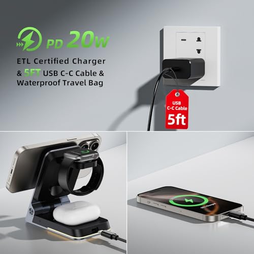 Aluminum 3 in 1 Wireless Charging Station,Foldable Wireless Charger for Apple Magsafe with Light,Portable Travel Magnetic Charger Stand for iPhone 17/16/15/14,Watch,Airpod,with PD 20W Adapter & Case - color: Black
