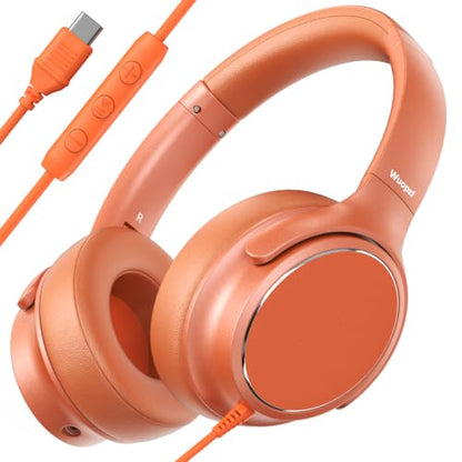 USB C Wired Over-Ear Headphones with Microphone - color: Orange