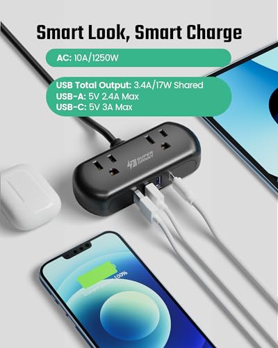 SUPERDANNY Mini Surge Protector, 2 Wide-Spaced Outlets Power Strip with USB - color: Black, size: 9.8ft