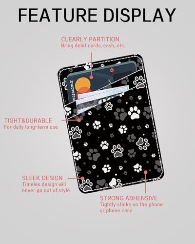 Phone Card Holder, Dual Pocket Leather Phone Wallet Adhesive Stick On, Cute Card Holder, Credit Card Holder for Phone Case Dog Paw Prints - color: Dog Paw Prints
