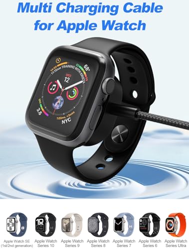 100W 2 USB C Multi Charging Cable for Apple Watch - 10ft USB C Fast Charging Cord with Dual USB-C (100W/10W), Lightning & Magnetic Apple Watch Charger, Braided for iPhone 17-14, iPad, Galaxy S24/S23