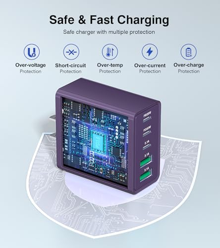 [2Pack] 60W USB C Plug,5-Port Fast Charger Block PD+QC Cube Wall Charging Box Brick for iPhone 17/16/15/14/13 for Samsung Galaxy S25/S24/S23/S22/S21+/S21 Ultra, Magsafe Wireless Charger,(Purple) - color: Purple