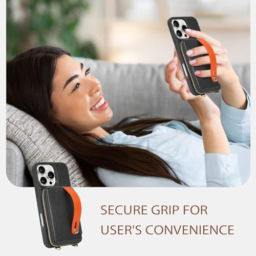 LAMEEKU Compatible with iPhone 16 Pro Wallet Case with Card Holder, Zipper Leather Crossbody Case with Phone Grip Holder Stand Wrist Strap for Women 6.3 inch Black - color: Black, size: iPhone 16 Pro 6.3''